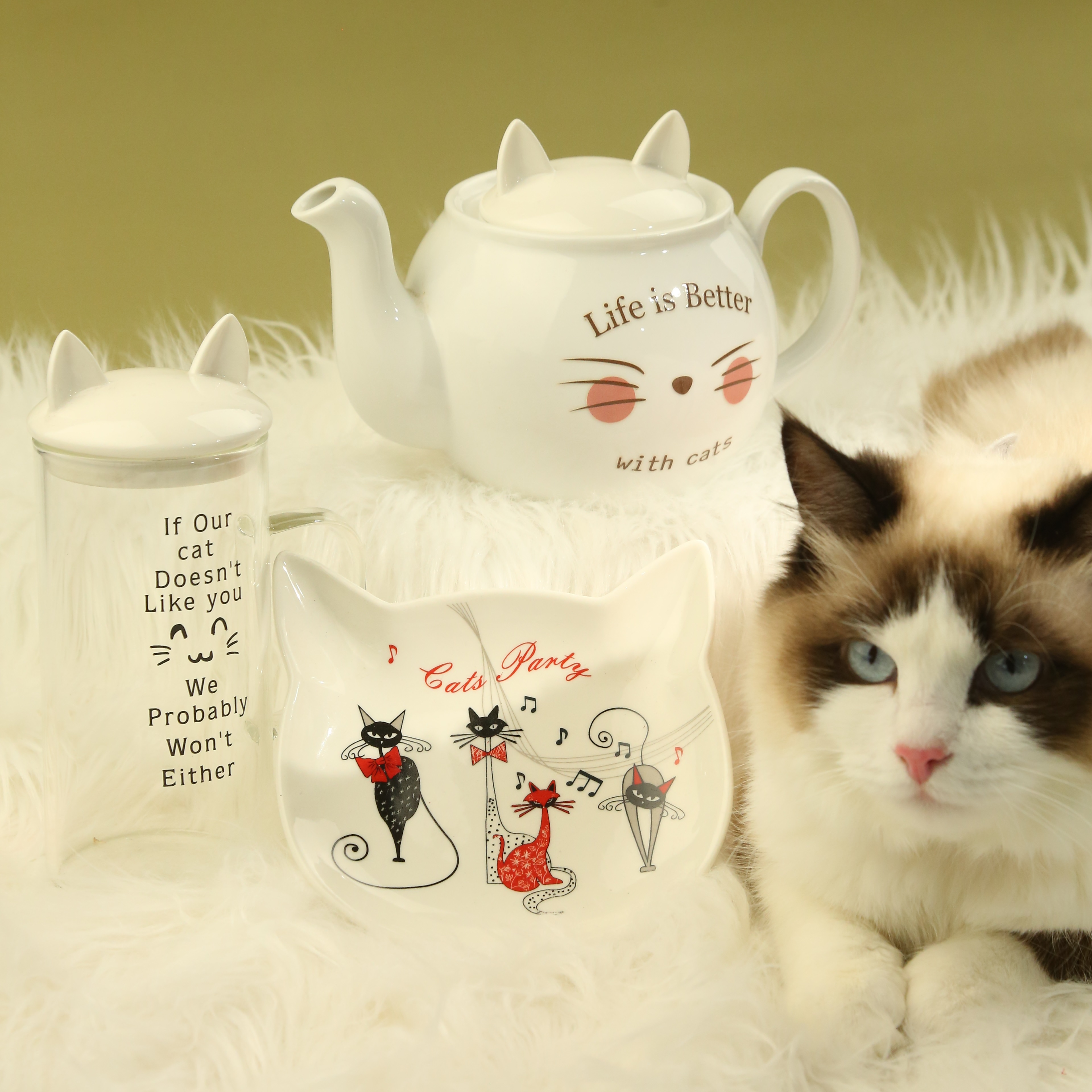 cat-tastic tea pot & latte mug & platter