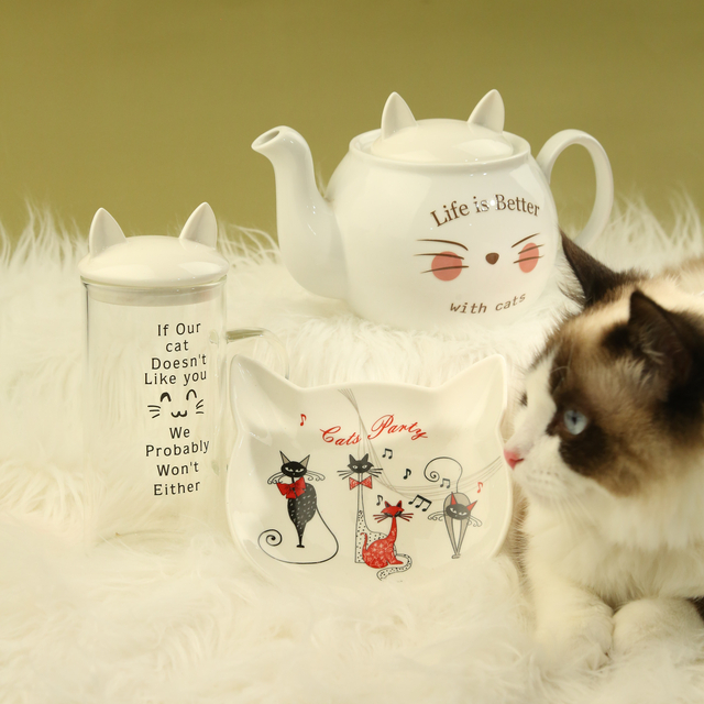 cat-tastic tea pot & latte mug & platter
