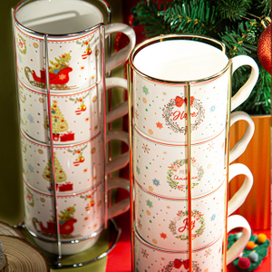 4-Piece 12oz Stackable Tower Mug Set with Metal Stand