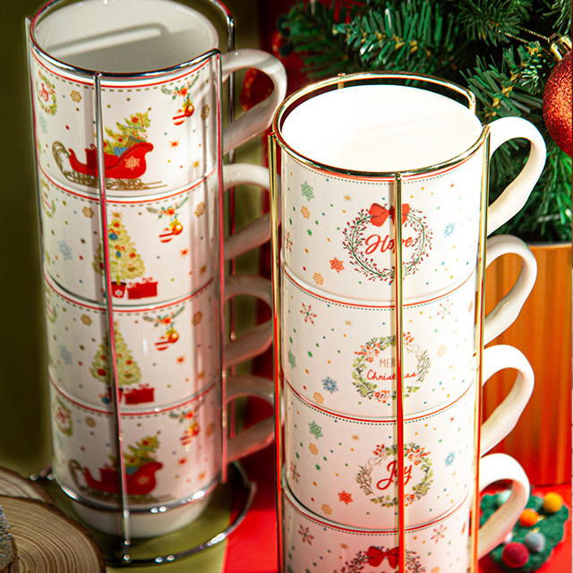 4-Piece 12oz Stackable Tower Mug Set with Metal Stand